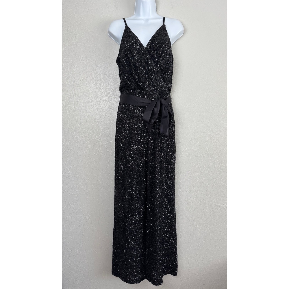 Express Black Sequin Jumpsuit Wide Leg Wrap V-Neck Sleeveless Party Event Small - Picture 2 of 11